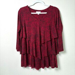 Susan Graver Liquid Knit Top Womens Size S Red Black 3/4 Sleeve Tiered V Neck